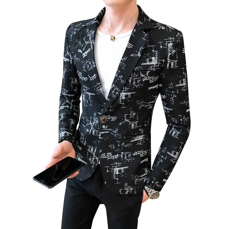 Men Blazer 2024 Spring Fashion High-quality Men Korean Version of The Printed Slim Formal Wedding Party Prom Suit Jacket