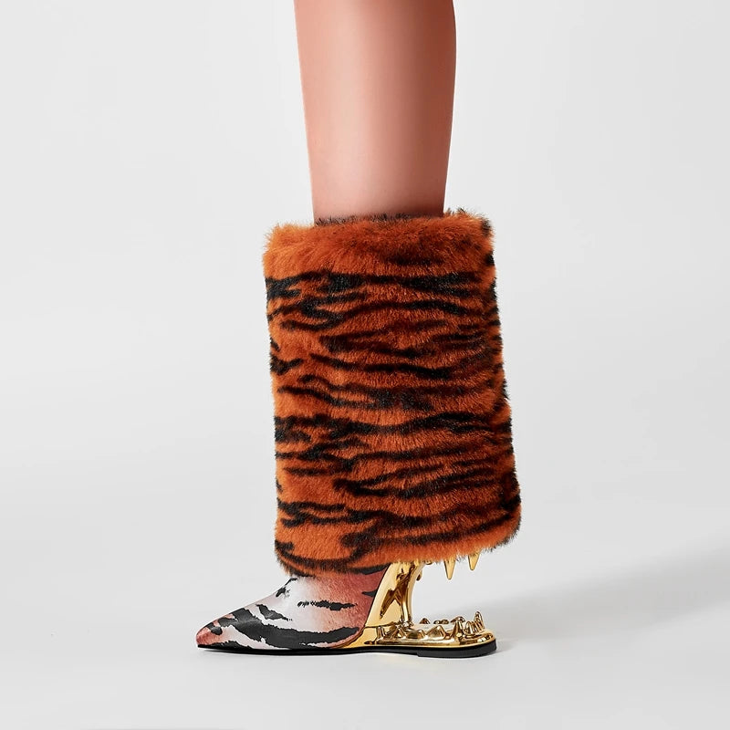 Kaky's new fur boots tiger print leopard print pointed toe large irregular heel short boots for women
