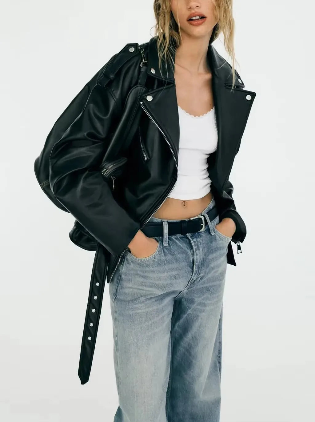 BBWM Pu Faux Leather Jacket with Belt Spring Autumn Female Zipper Coat Outwear Women's Loose Motorcycle Biker Black