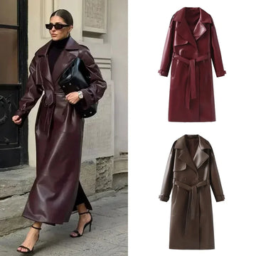 Women's Burgundy Leather Long Coat 2024 New Fashion Lapel Vintage Overcoat with Belt Autumn Winter Chic Warm Solid Outerwear