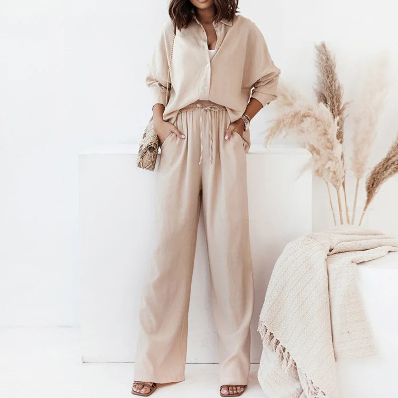 2025 new Women fashion temperament solid color lapel shirt high waist trousers two-piece suit female spring summer women sets