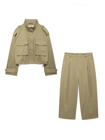Women's Fashion Fall New Street Army Green Jacket Two Piece Vintage Lapel Pocket Windbreaker Straight Pleated Pants
