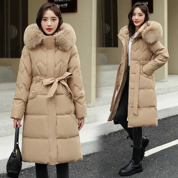 Women's Down Parkas Winter Jacket Big Fur Collar Thick Slim Coat Fashion Hooded Cotton Outerwear Long Winter Woman Coat