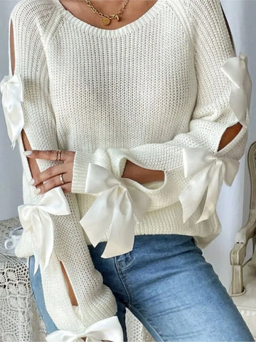 Autumn New Knitted Pullover Sweater French Round Neck Bow Decorated Long-sleeved Loose For Women Fashionable Comfortable Trendy