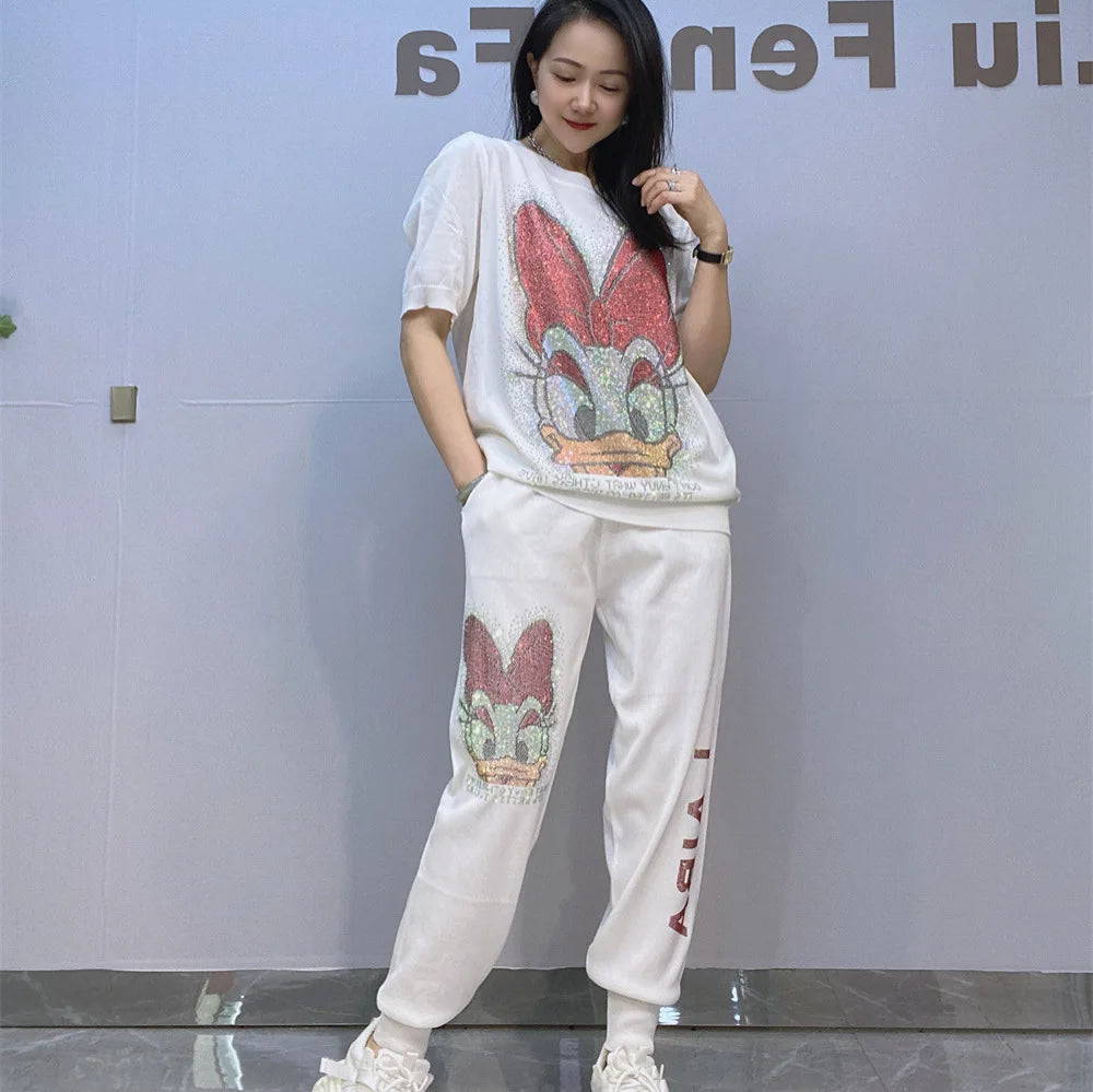 Spring and Summer Knitted Sweater Short-sleeved Top and Trousers Women's Two-piece Sets Hot Diamond Cartoon Loose Casual Suit