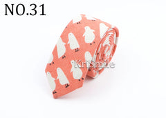 Novelty Cartoon Linen Tie For Men Cute Cat Polar Bear Waves Pattern Skinny Necktie For Men Women Casual Party Slim Cravat Gift