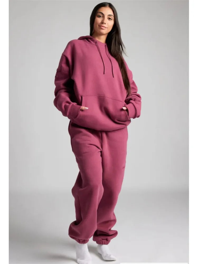 2025 Autumn Winter New Casual Pocket Loose Two-piece Sets Women Solid Color Long Sleeve Sweatshirt Hoodie Pants Set Streetwear