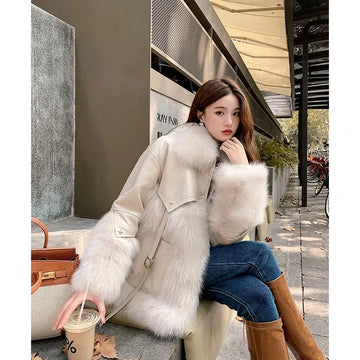 Winter Women's Leather Jacket With Real Fox Fur Collar Trim Natural Rabbit Skin With Rabbit Fur Coats Short Style Female