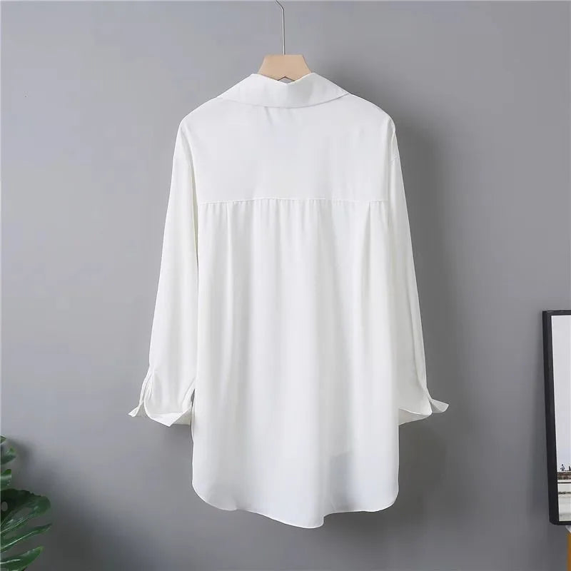 Spring Autumn New Women White Chiffon Long Sleeve Blouse Korean Elegant Casual Office Female Mid-Length Loose Shirt Tops T1177
