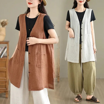 Spring Autumn New Mid-Length Cotton Linen Thin Vest Women Tops Fashion Sleeveless Jacket Loose Waistcoat Female Outerwear T1258