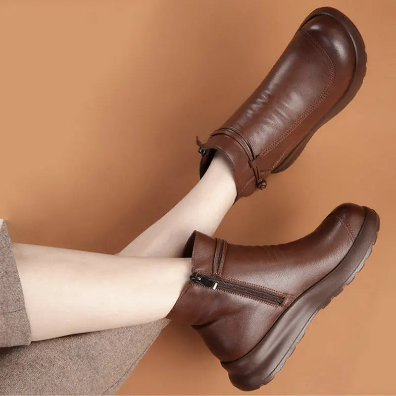 Winter Fashion Women Genuine Leather Ankle Boots Female Thick Plush Warm Snow Boots Mother Waterproof Non-slip Booties Big Size