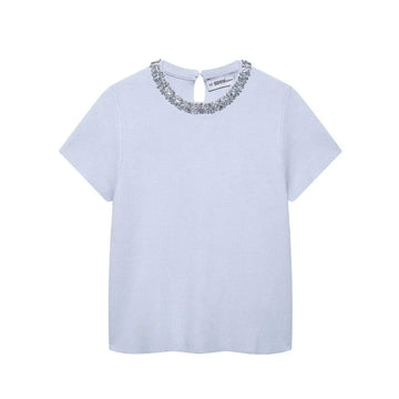 Women Fashion Blue Knit Top with Rhinstones Round Neck Short Sleeves Pullover Sweater Blouse Shirt