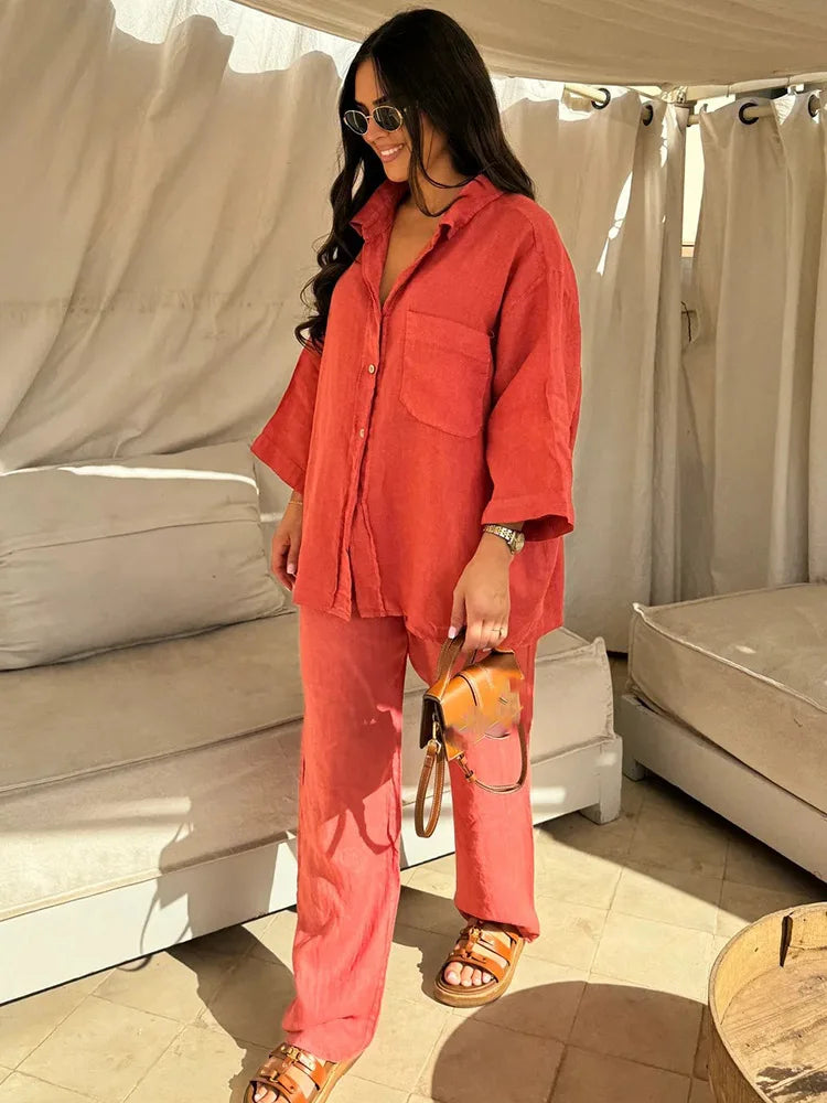 New Summer Autumn Cotton Linen Women's Suit Fashion Shirt Two-piece Set For Women Elegant Casual Loose  Woman 2 Piece Set Outfit