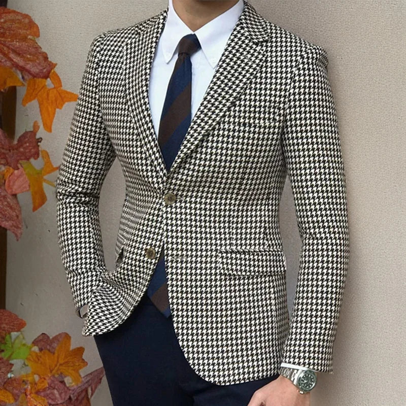 Houndstooth Plaid Blazer for Men One Piece Suit Jacket with 2 Side Slit Slim Fit Casual Male Coat Fashion Clothes 2023