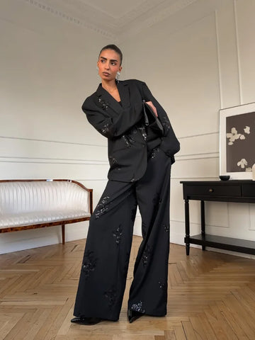 Women Black Sequin Embroidery Blazer 2 Piece Set Full Sleeve Lapel V-neck Coat Wide Leg Pants Suit 2026 Lady Spring Autumn Wears