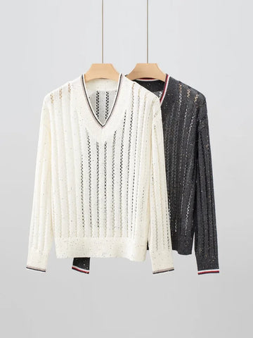 Spring new contrasting color hook loop V-neck women's top long sleeved linen knitted hollow sweater pullover elegant fashion