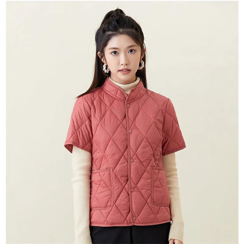 Autumn Winter New Fashion Stand Collar Women Down Cotton Vest Casual Light Thin Short Sleeve Jacket Female Warm Waistcoat T1420