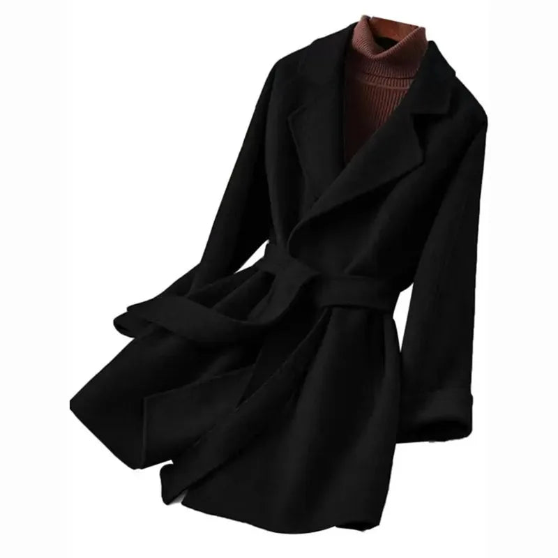 Autumn Winter New Double-Sided Woolen Coat Women Fashion Mid-Length Lace Up Slim Solid Color Wool Jacket Female Overcoat T1498