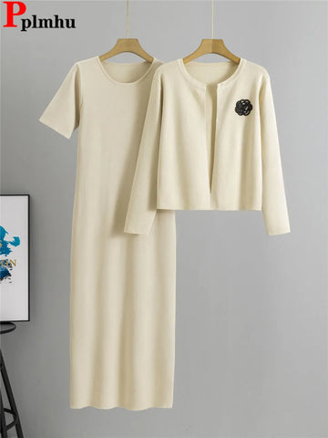 Korean Elegant Knitted 2 Piece Sets Women O-neck Knitwears Sweater Pullover Tops Conjuntos Casual High Waist Solid Dress Outfit