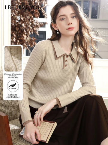 I BELIEVE YOU Wool Apricot Knitted Tops for Women 2025 Autumn Double Layered Lapel Tops Long Sleeved Knitted Sweater 2253146077