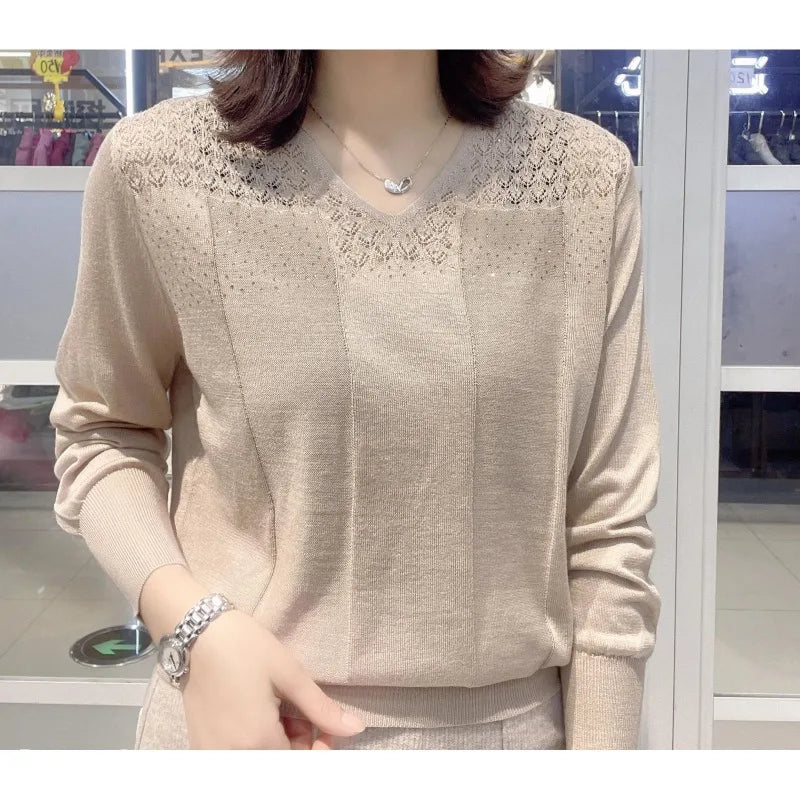 Women's Clothing Solid Color Pullover Long Sleeve Round Neck Sweater Knitted Elegant Casual Hollow Out Spring Autumn Tops