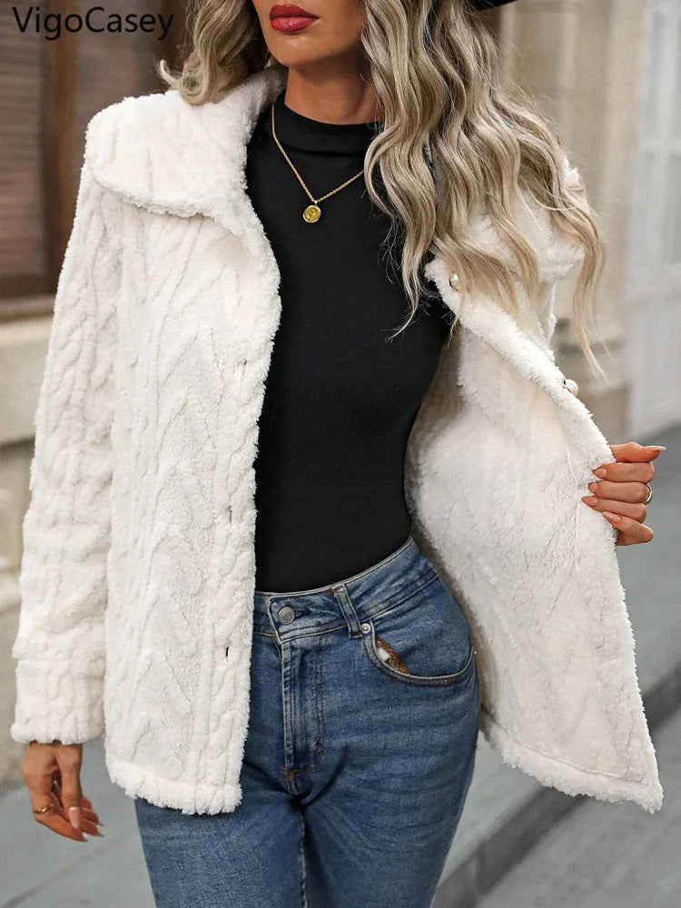 VigoCasey 2025 Women Autumn Winter White Jacket Soft Loose Cardigan Lady Coat Turndown Collar Long Sleeve Thick Plush Warm Coat