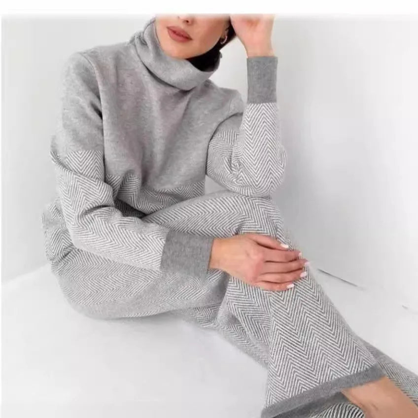 2025 Winter Womens Warm Home Suit High Collar Long Sleeve Pullover Wide Leg Trousers 2 Piece Set Conjuntos Deportivos Para Mujer
