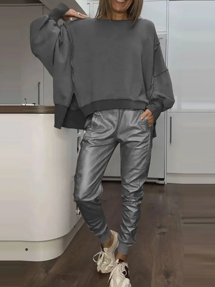 O Neck Pullover Top Fashion Outfit, Women Spring Summer High Waist Pants Chic Matching Sets, 2025 Patchwork Simple Ladies Suits