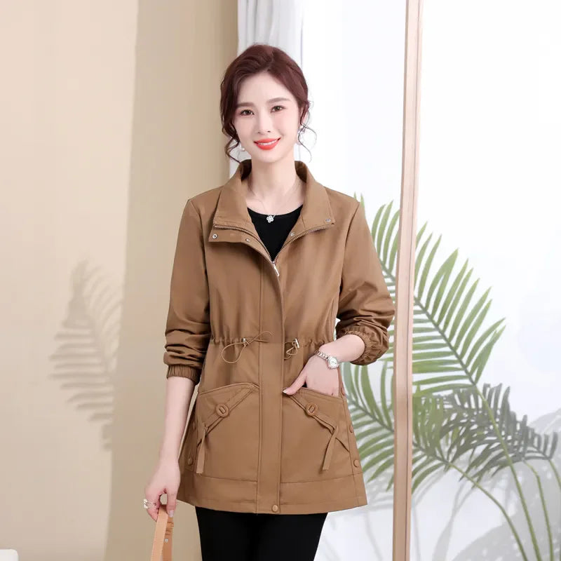 2025 Autumn  New Fashion Mid-Length Trench Coat Women Korean Solid Color Slim Lace Up Windbreaker Outwear Female Overcoat T1210