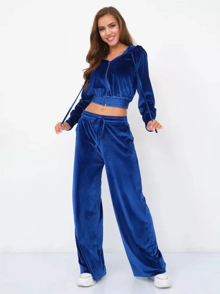 Women Casual Sports 2 Piece Fashion Solid Color Long Sleeved Velvet Hooded Cardigan Elastic Waist Wide Leg Pants Ladies Sets