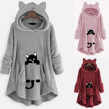 Double-Sided Furry Hooded Cat Ear Pocket Sweatshirt Women's Street Style Comfortable Casual Print Oversized Long Sleeve Top