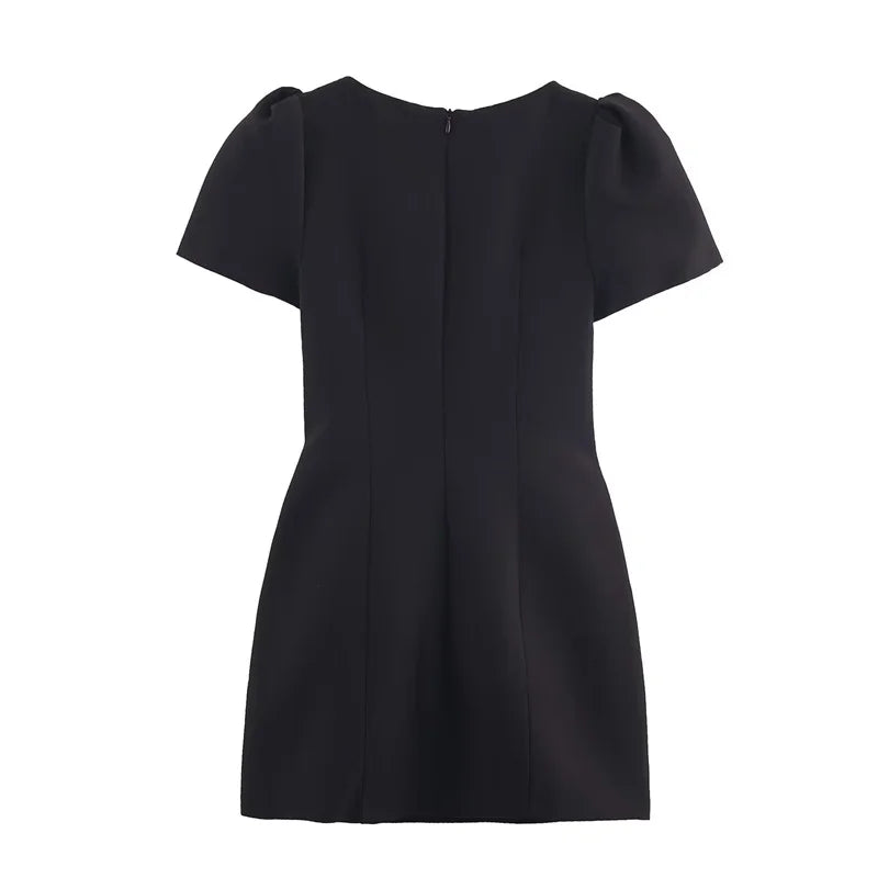 Women's Dress 2025 Autumn New Style Solid Color Short Sleeve Dress with Pocket Decoration Socialite Style Short Dress Stylish