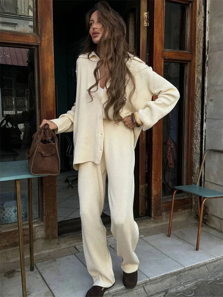 Tossy Autumn Casual Knit 2 Piece-Set Trousers Sets Women's Loose Ribbed Lapel Cardigan Sweater And Solid Women's Pants Outfits