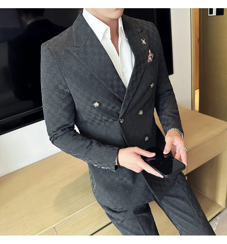 (Jacket+Pants) 2 Pieces Blue Apricot Business Party Men Suits Double Breasted Formal Style Custom Made Wedding Groom Tuxedos