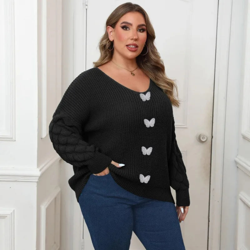 Fashion Women's Sweater Pineapple Sleeve Splicing Deep V Woven Base Shirt Three-dimensional Lace Butterfly Splicing Pullover Top