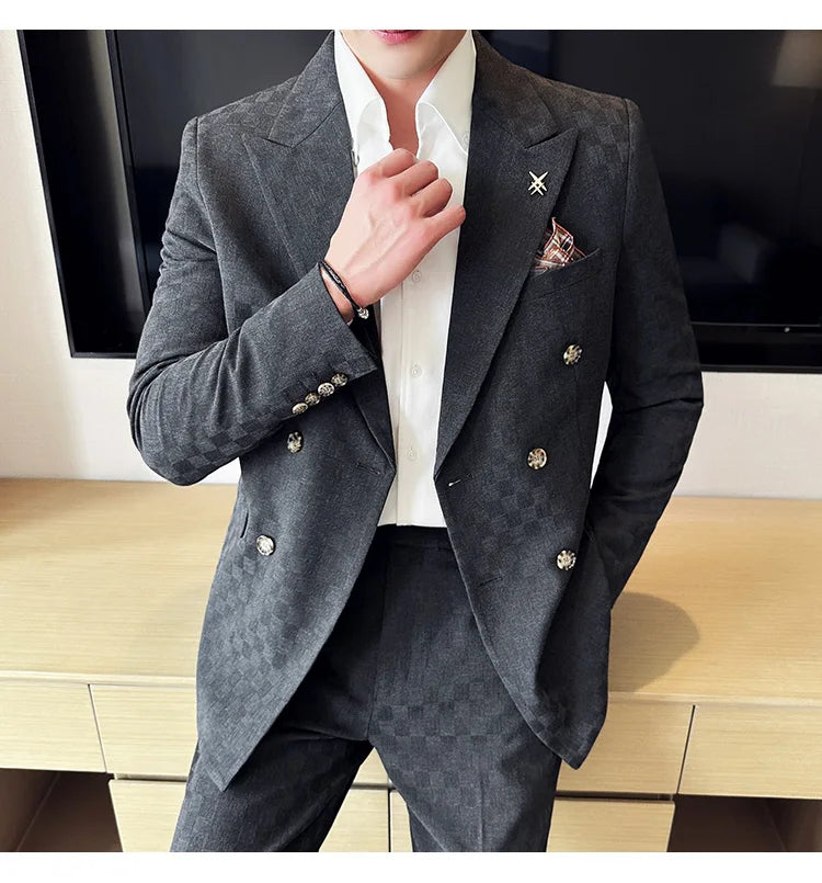 (Jacket+Pants) 2 Pieces Blue Apricot Business Party Men Suits Double Breasted Formal Style Custom Made Wedding Groom Tuxedos