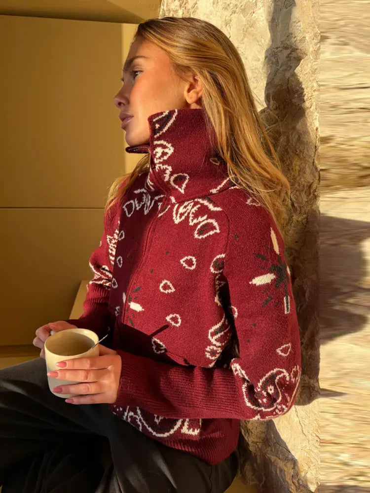 Knitted Jacquard Female Cardigan Sweater Zipper Loose Lapel Pocket Fashion Lady Sweaters 2025 Winter Street Long Sleeve Coat