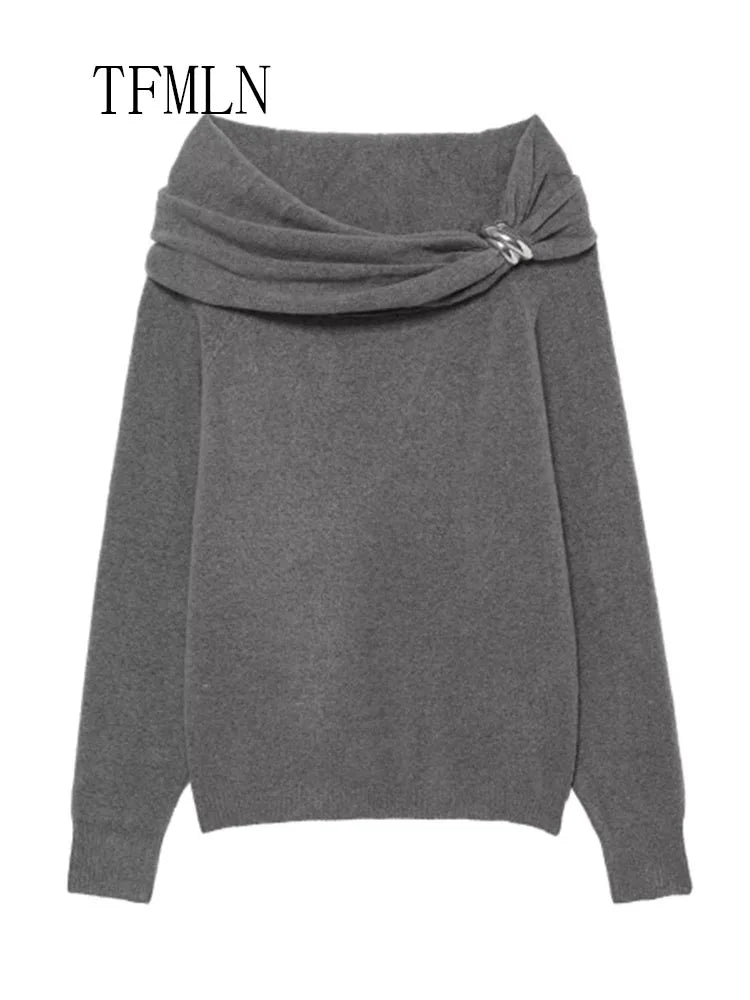 TFMLN Casual Chic Women Sweaters Elegant Solid Slash Neck Long Sleeve Knitted Pullovers Fashion Ladies 2025 Autumn Sweater
