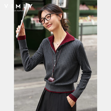 VIMLY Women's Wool Blend Pullovers Knitted Tops Patchwork 2 in 1 Elegant Ladies Sweater Autumn 2025 Strecth Female Jumpers 75063