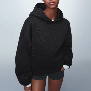 Trendy Hooded Sweatshirt Glitter Speckled Black Casual Minimalist Sportswear Niche Design Chic Autumn Women's Retro Street Top