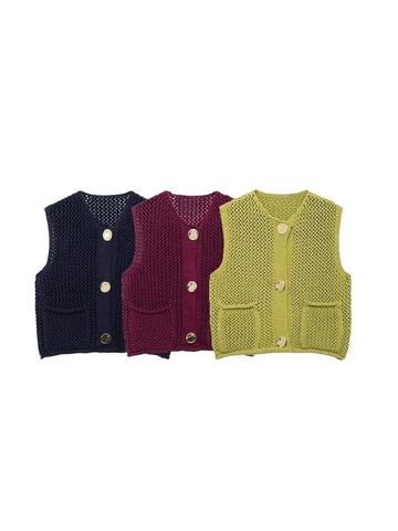 Women's Knitted Vest Sweater with Golden Buttons, O-Neck, Sleeveless, Patch Pockets, Female Outerwear, Chic Tops,Fashion