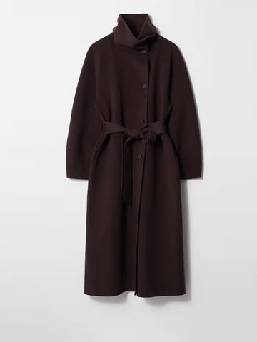 Retro Solid Stand Collar Long Tweed Coat Women 2025 Fashion Large Lapel Single Breasted Coats With Belt Lady Chic Street Outwear