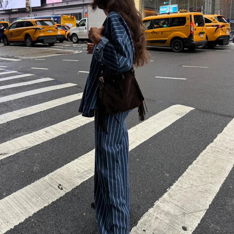Fashionable loose collar striped long sleeved waist shirt long and wide leg pants set high street comfortable commuting set