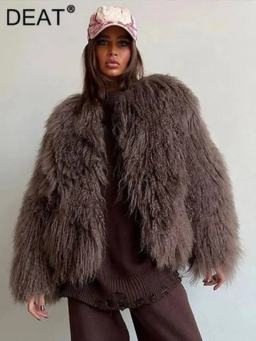 DEAT Fashion Brown Faux Fur Coat Women's Round Neck Loose Long Sleeves Thick Plush Short Jacket Winter New 7A1041