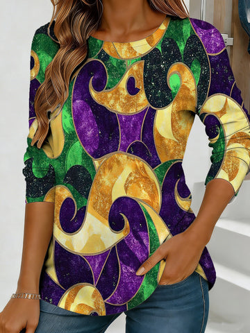 Women's Carnival-Style Swirl Print Long-Sleeved Loose-Fitting Crew Neck Top, Casual Everyday Street Style with Vibrant Pattern