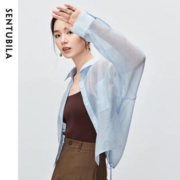 SENTUBILA Women Lyocell See Through Shirt 2025 Summer Ladies Long Sleeve Crop Tops Casual Lace Up Shirts & Blouses 142C54323