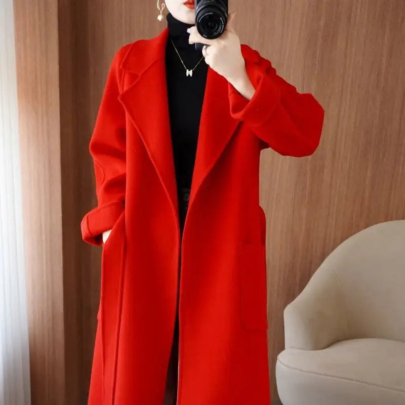 2026 Women's Wear 100% Wool Coat Autumn/Winter Fashion Temperament Double sided Cashmere Coats with Belt Elegant Long Overcoat
