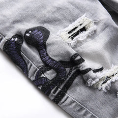 Men Snake Embroidery Gray Denim Jeans Streetwear Holes Ripped Distressed Stretch Pants Embroidered Slim Straight Trousers