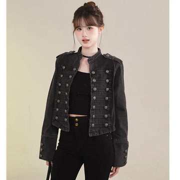 Spring And Autumn Women Vintage Denim Jacket Stand Collar Long Sleeve Casual Motorcycle Jeans Coat Female Loose Outerwear T1662