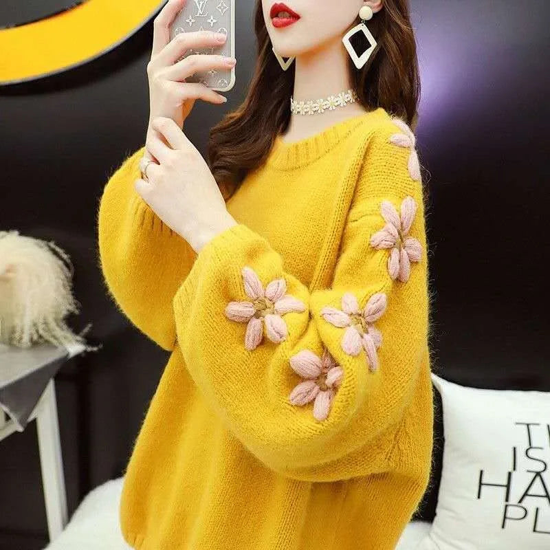Three-dimensional Flower Embroidered Knitted Sweater for Autumn and Winter Loose and Lazy Pullover Cute and Sweet Top